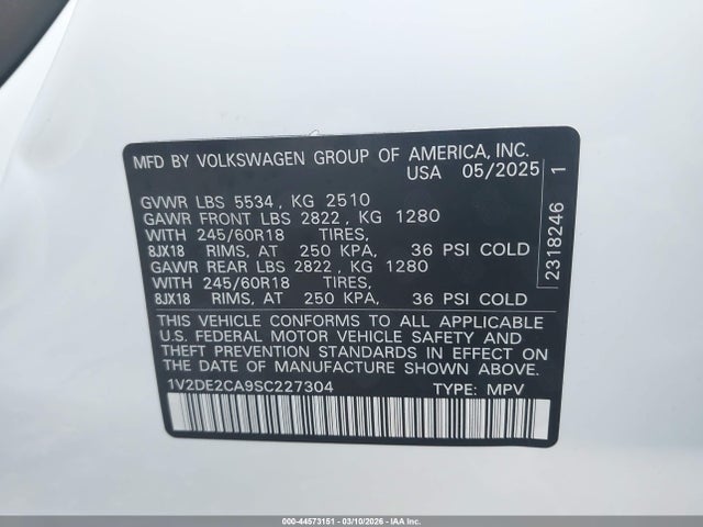 44573151 :رقم المزاد ، 1V2DE2CA9SC227304 vin ، 2025 Volkswagen Atlas Cross Sport 2.0t Se مزاد بيع
