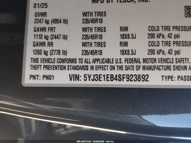 Aukcja sprzedaży 2025 Tesla Model 3 Long Range All-wheel Drive, vin: 5YJ3E1EB4SF923892, numer aukcji: 44573162