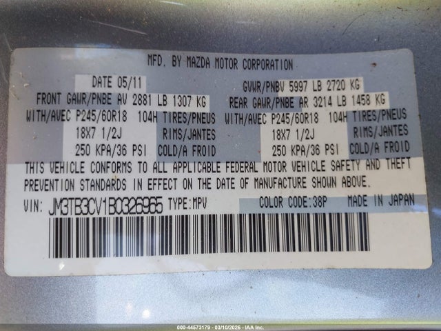 Продаж на аукціоні авто 2011 Mazda Cx-9 Touring, vin: JM3TB3CV1B0326965, номер лоту: 44573179
