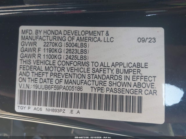 44573190 :رقم المزاد ، 19UUB6F59PA005186 vin ، 2023 Acura Tlx A-spec Package مزاد بيع