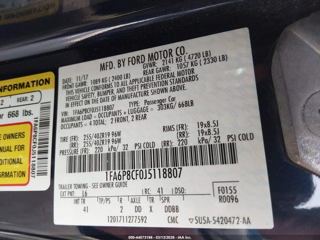 1FA6P8CF0J5118807 Ford Mustang Gt Premium