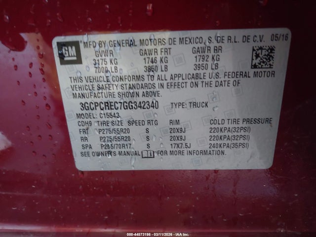 2016 Chevrolet Silverado 1500 1lt მანქანა იყიდება აუქციონზე, vin: 3GCPCREC7GG342340, აუქციონის ნომერი: 44573198