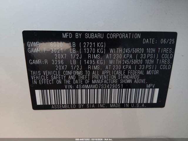 Продажа на аукционе авто 2025 Subaru Ascent Onyx Edition Limited 7-passenger, vin: 4S4WMAWD7S3429051, номер лота: 44573202