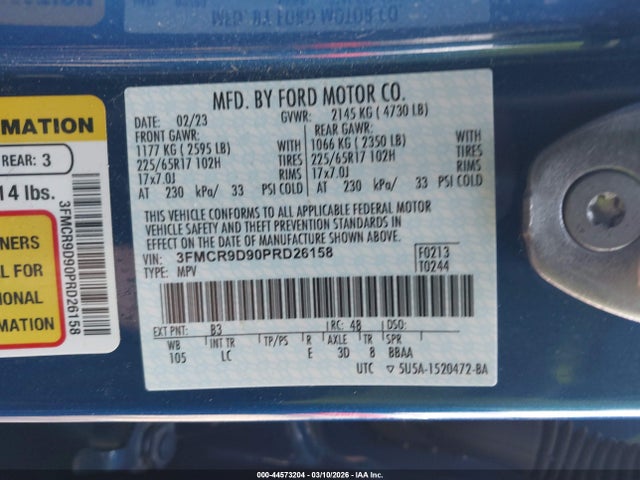 Продажа на аукционе авто 2023 Ford Bronco Sport Badlands, vin: 3FMCR9D90PRD26158, номер лота: 44573204