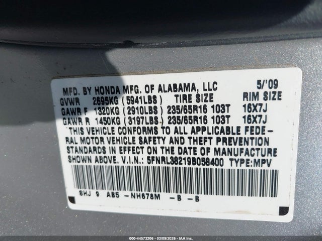 2009 HONDA ODYSSEY 5FNRL38219B058400 Photo 8