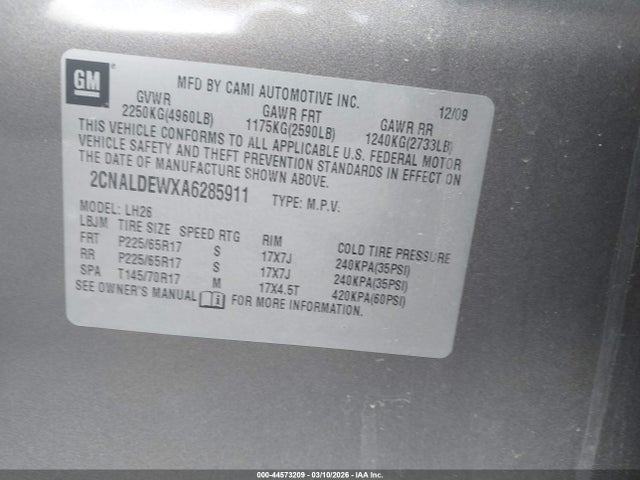 Продаж на аукціоні авто 2010 Chevrolet Equinox Lt, vin: 2CNALDEWXA6285911, номер лоту: 44573209