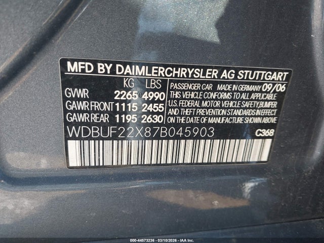 2007 Mercedes-benz E 320 Bluetec მანქანა იყიდება აუქციონზე, vin: WDBUF22X87B045903, აუქციონის ნომერი: 44573236