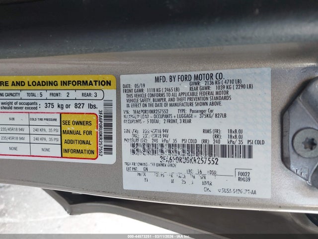 2019 FORD FUSION HYBRID 3FA6P0RU0KR257552 Photo 8