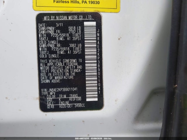 2011 Nissan Quest Le მანქანა იყიდება აუქციონზე, vin: JN8AE2KP3B9011041, აუქციონის ნომერი: 44573277
