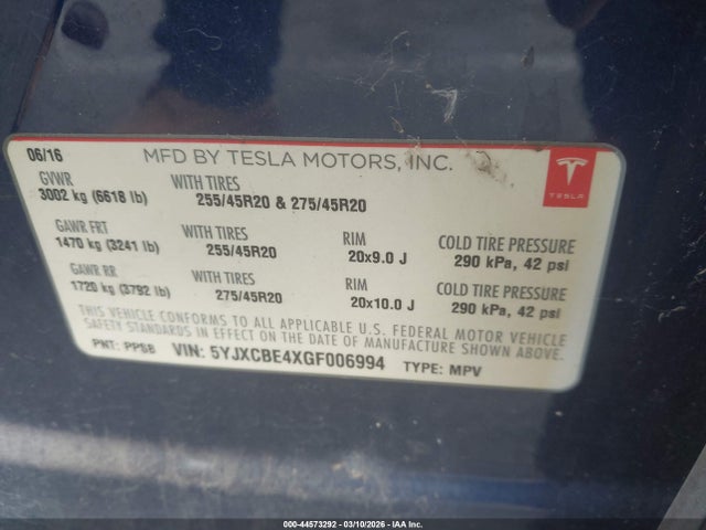 Продаж на аукціоні авто 2016 Tesla Model X 75d/p100d/p90d, vin: 5YJXCBE4XGF006994, номер лоту: 44573292