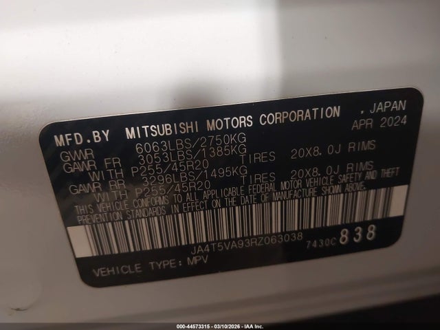2024 Mitsubishi Outlander Phev Se Ralliart/se S-awc მანქანა იყიდება აუქციონზე, vin: JA4T5VA93RZ063038, აუქციონის ნომერი: 44573315