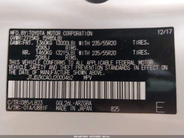 44573434 :رقم المزاد ، JTJDZKCA0J2000462 vin ، 2018 Lexus Rx 350l Premium مزاد بيع