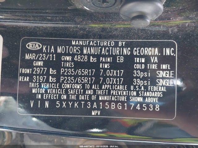 2011 Kia Sorento Lx მანქანა იყიდება აუქციონზე, vin: 5XYKT3A15BG174538, აუქციონის ნომერი: 44573472