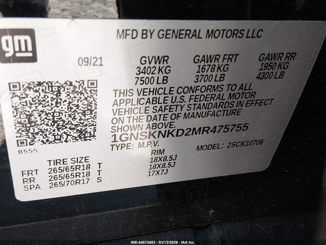 1GNSKNKD2MR475755 Chevrolet Tahoe 4wd Lt