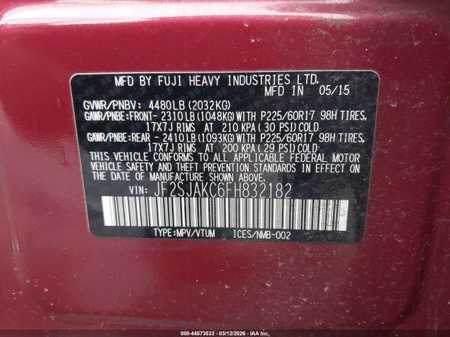 44573533 :رقم المزاد ، JF2SJAKC6FH832182 vin ، 2015 Subaru Forester 2.5i Limited مزاد بيع