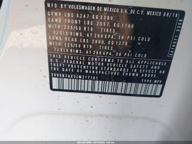 Aukcja sprzedaży 2018 Volkswagen Tiguan 2.0t Sel Premium, vin: 3VV5B7AX9JM217101, numer aukcji: 44573598