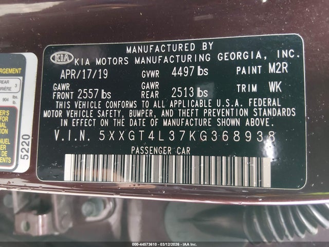 44573610 :رقم المزاد ، 5XXGT4L37KG368938 vin ، 2019 Kia Optima Lx مزاد بيع