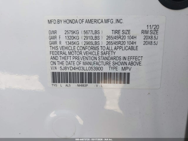 44573725 :رقم المزاد ، 5J8YD4H03LL053900 vin ، 2020 Acura Mdx Technology   A-spec Packages مزاد بيع