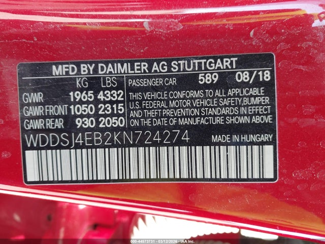 Aukcja sprzedaży 2019 Mercedes-benz Cla 250, vin: WDDSJ4EB2KN724274, numer aukcji: 44573731