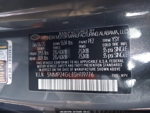 Aukcja sprzedaży 2025 Hyundai Santa Fe Sel, vin: 5NMP24GL3SH119776, numer aukcji: 44573795