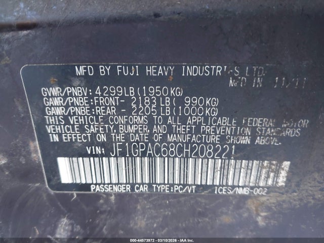44573972 :رقم المزاد ، JF1GPAC68CH208221 vin ، 2012 Subaru Impreza 2.0i Premium مزاد بيع