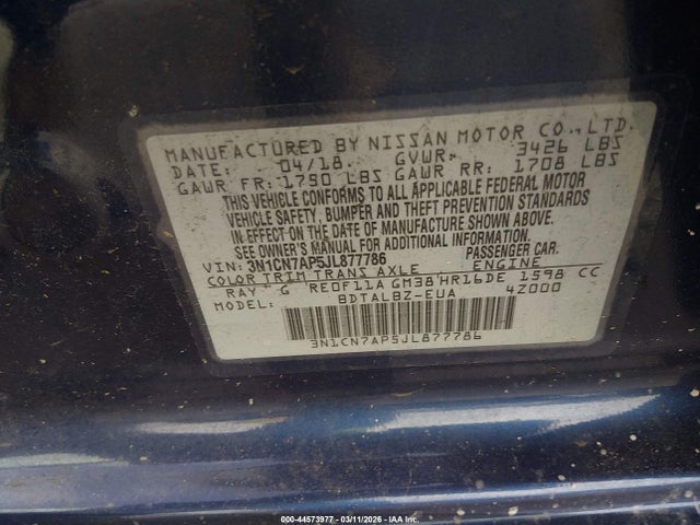 Продаж на аукціоні авто 2018 Nissan Versa 1.6 Sv, vin: 3N1CN7AP5JL877786, номер лоту: 44573977
