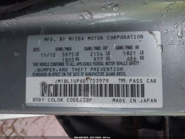 Aukcja sprzedaży 2013 Mazda Mazda3 I Sport, vin: JM1BL1UP6D1753979, numer aukcji: 44573978