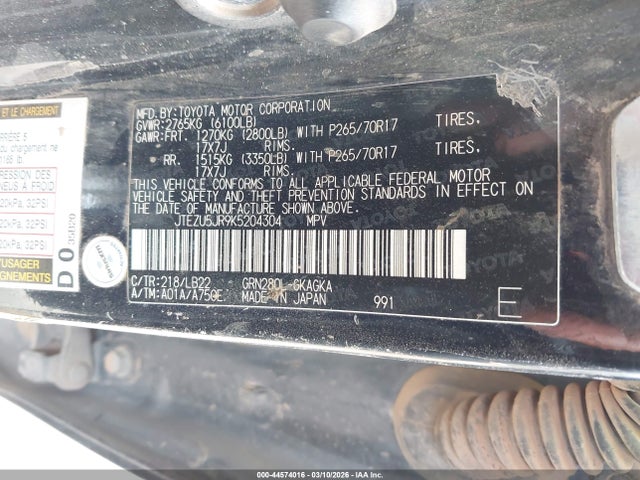 44574016 :رقم المزاد ، JTEZU5JR9K5204304 vin ، 2019 Toyota 4runner Sr5 Premium مزاد بيع