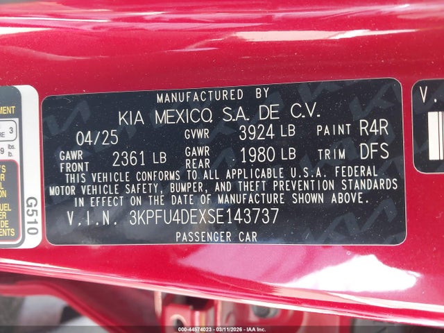 Aukcja sprzedaży 2025 Kia K4 Ex, vin: 3KPFU4DEXSE143737, numer aukcji: 44574023