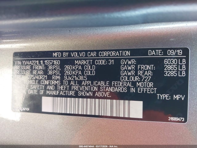Продаж на аукціоні авто 2020 Volvo Xc90 T6 Inscription 6 Passenger, vin: YV4A221L1L1557160, номер лоту: 44574044