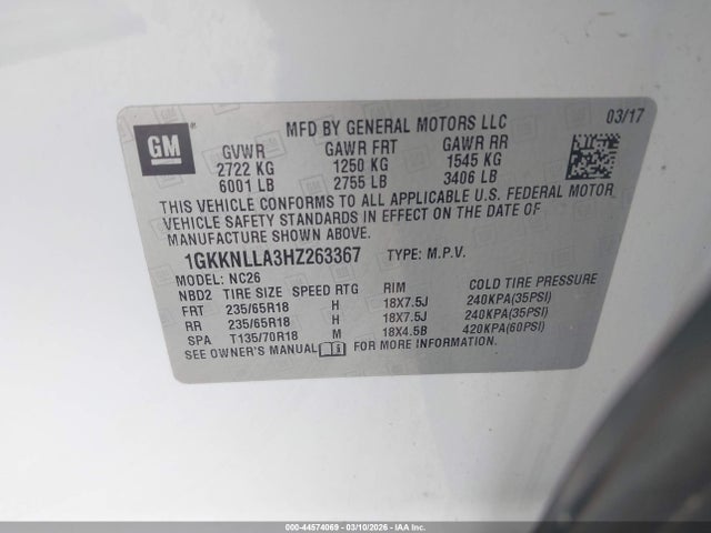 Продаж на аукціоні авто 2017 Gmc Acadia Sle-2, vin: 1GKKNLLA3HZ263367, номер лоту: 44574069