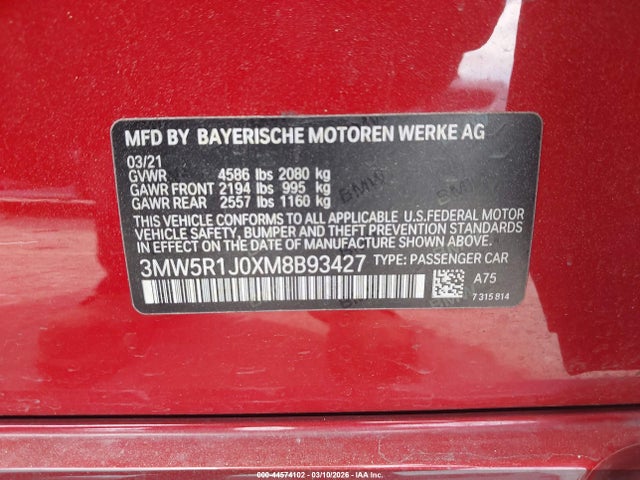 2021 Bmw 330i მანქანა იყიდება აუქციონზე, vin: 3MW5R1J0XM8B93427, აუქციონის ნომერი: 44574102