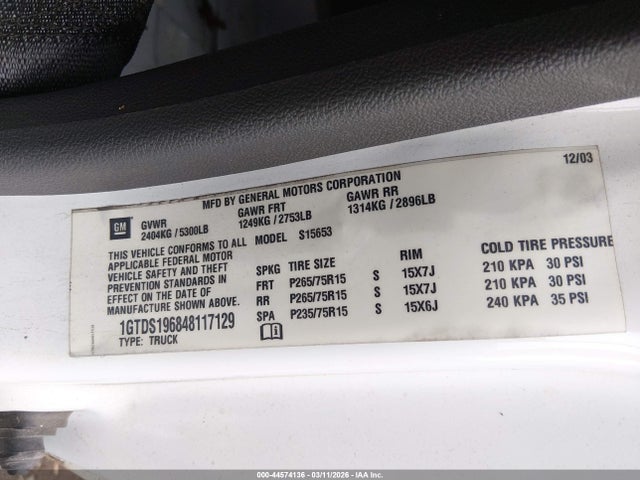 44574136 :رقم المزاد ، 1GTDS196848117129 vin ، 2004 Gmc Canyon Sle مزاد بيع