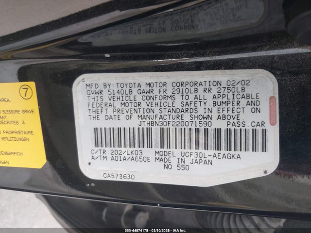 44574179 :رقم المزاد ، JTHBN30F220071590 vin ، 2002 Lexus Ls 430 مزاد بيع
