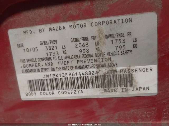 Aukcja sprzedaży 2006 Mazda Mazda3 I, vin: JM1BK12F861448824, numer aukcji: 44574212