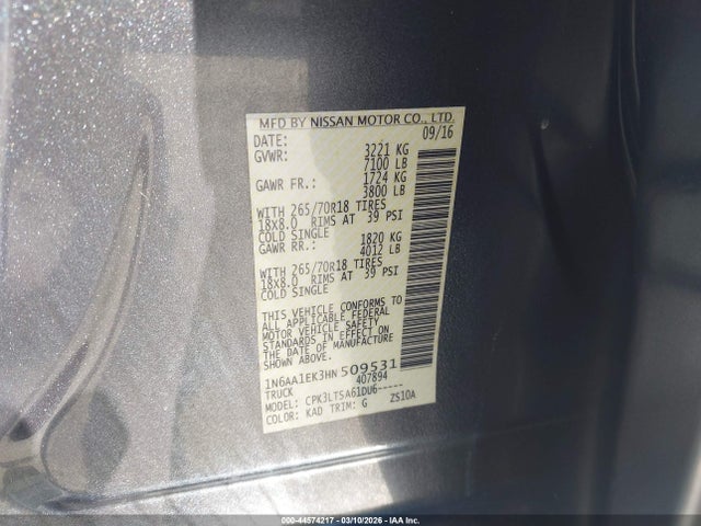 Продажа на аукционе авто 2017 Nissan Titan Sv, vin: 1N6AA1EK3HN509531, номер лота: 44574217