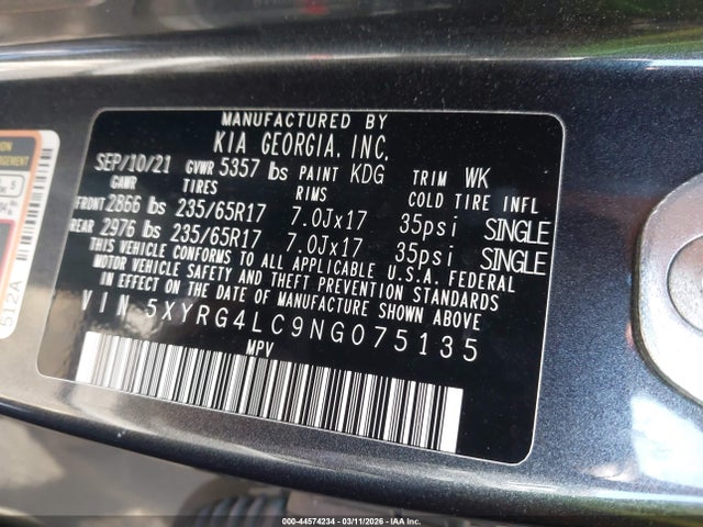5XYRG4LC9NG075135 KIA SORENTO LX