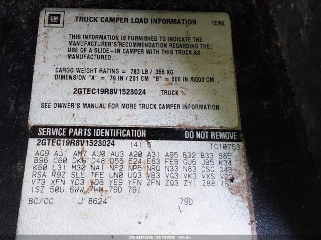 Aukcja sprzedaży 1997 Gmc Sierra 1500 Sl Wideside, vin: 2GTEC19R8V1523024, numer aukcji: 44574256