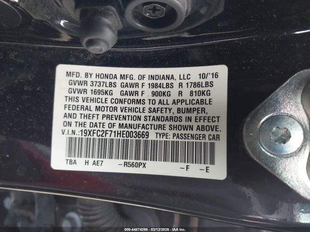 44574298 :رقم المزاد ، 19XFC2F71HE003669 vin ، 2017 Honda Civic Ex مزاد بيع