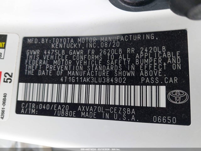 44574324 :رقم المزاد ، 4T1G11AK3LU384902 vin ، 2020 Toyota Camry Se مزاد بيع
