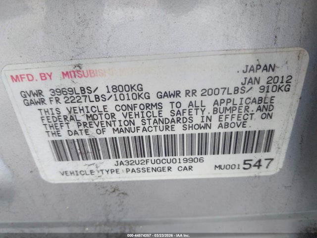 Aukcja sprzedaży 2012 Mitsubishi Lancer Es, vin: JA32U2FU0CU019906, numer aukcji: 44574357