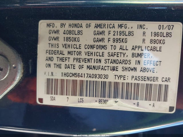 Продаж на аукціоні авто 2007 Honda Accord 2.4 Lx, vin: 1HGCM56417A093030, номер лоту: 44574388