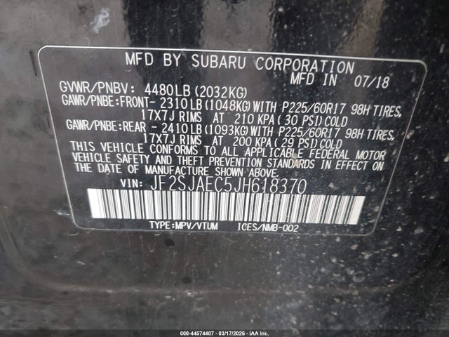 44574407 :رقم المزاد ، JF2SJAEC5JH618370 vin ، 2018 Subaru Forester 2.5i Premium مزاد بيع