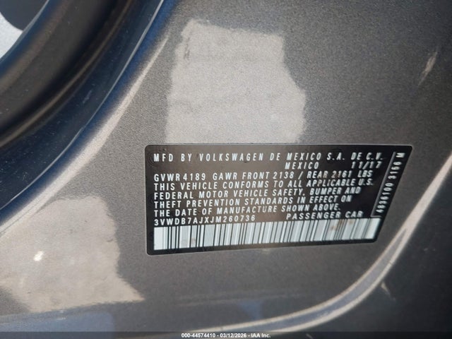 44574410 :رقم المزاد ، 3VWDB7AJXJM260736 vin ، 2018 Volkswagen Jetta 1.4t Se/1.4t Wolfsburg Edition مزاد بيع