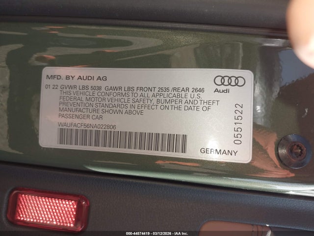 Aukcja sprzedaży 2022 Audi A5 Sportback Premium Plus 45 Tfsi S Line Quattro S Tronic, vin: WAUFACF56NA022806, numer aukcji: 44574419