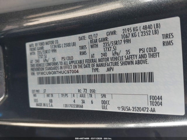 Ford ESCAPE SE 2017 1FMCU9G97HUC97004 Image 9