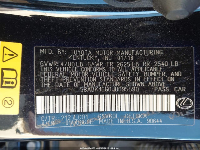 Продажа на аукционе авто 2018 Lexus Es 350, vin: 58ABK1GG0JU095590, номер лота: 44574570