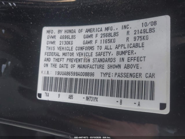 44574573 :رقم المزاد ، 19UUA86599A008896 vin ، 2009 Acura Tl 3.5 مزاد بيع