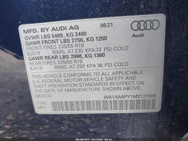 44574613 :رقم المزاد ، WA1AAAFY1M2127655 vin ، 2021 Audi Q5 Premium 45 Tfsi Quattro S Tronic مزاد بيع
