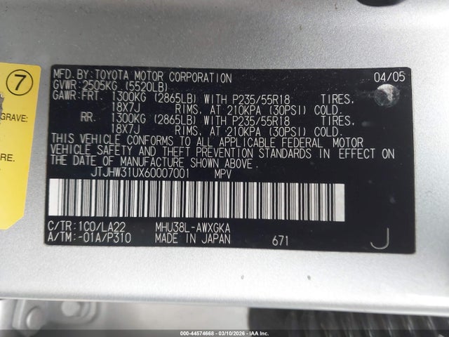 44574668 :رقم المزاد ، JTJHW31UX60007001 vin ، 2006 Lexus Rx 400h مزاد بيع